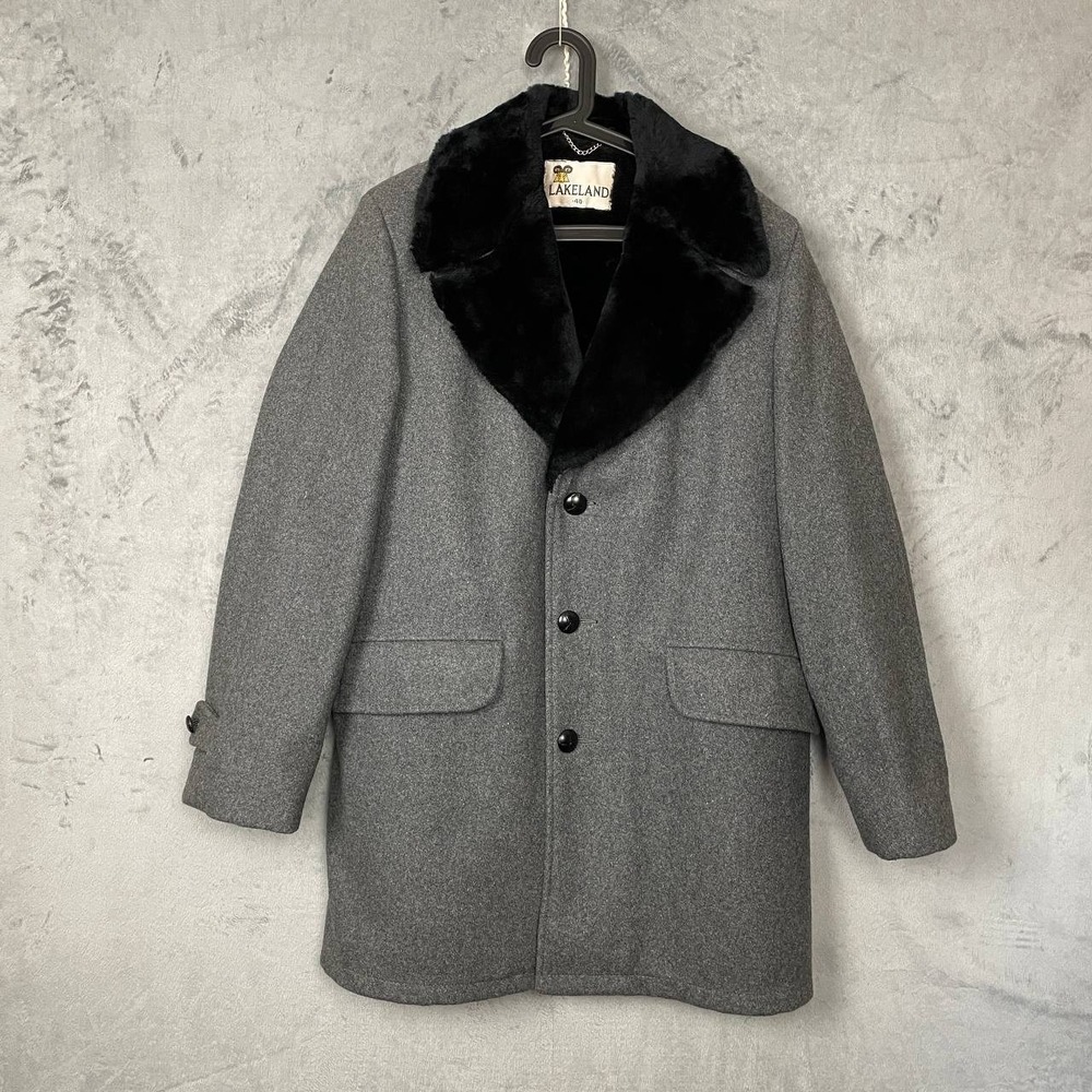 Vintage 70s Lakeland Wool Overcoat‎ Mens 40 Faux Fur Collar Business Formal